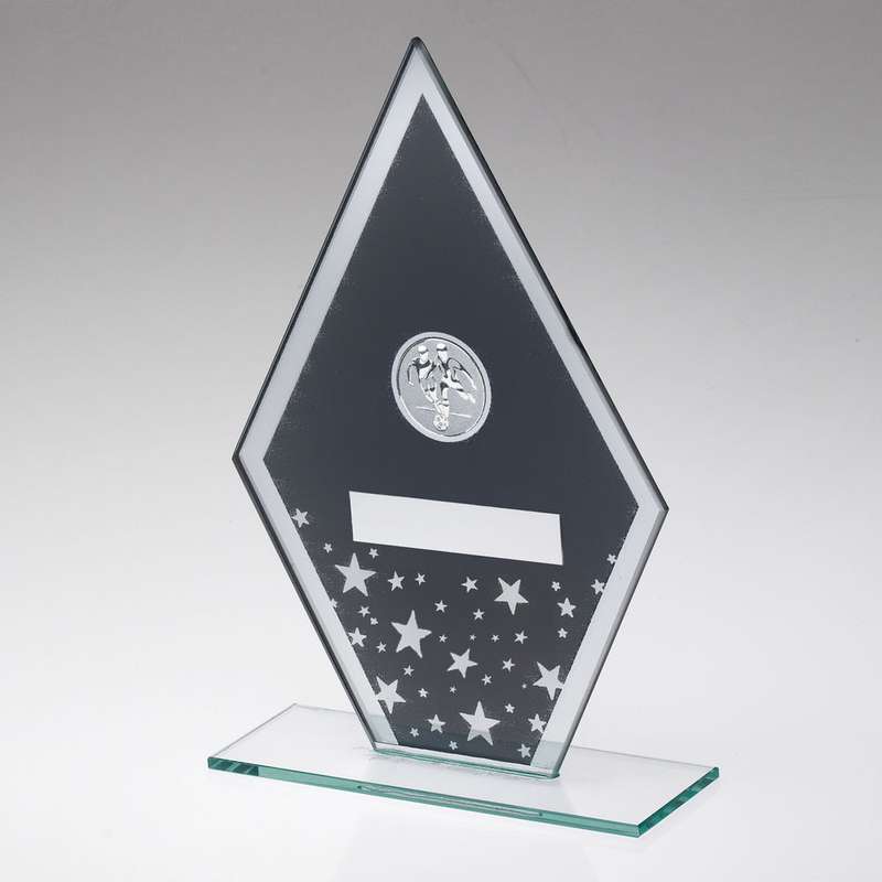 GREY/SILVER PRINTED GLASS DIAMOND WITH FOOTBALL CENTRE AND PLATE – 6.5in