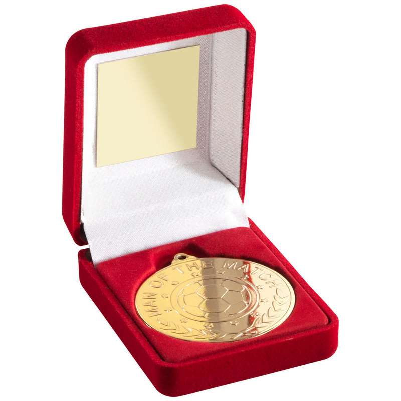 RED VELVET BOX AND 50mm M.O.T.M MEDAL TROPHY GOLD – 3.5in